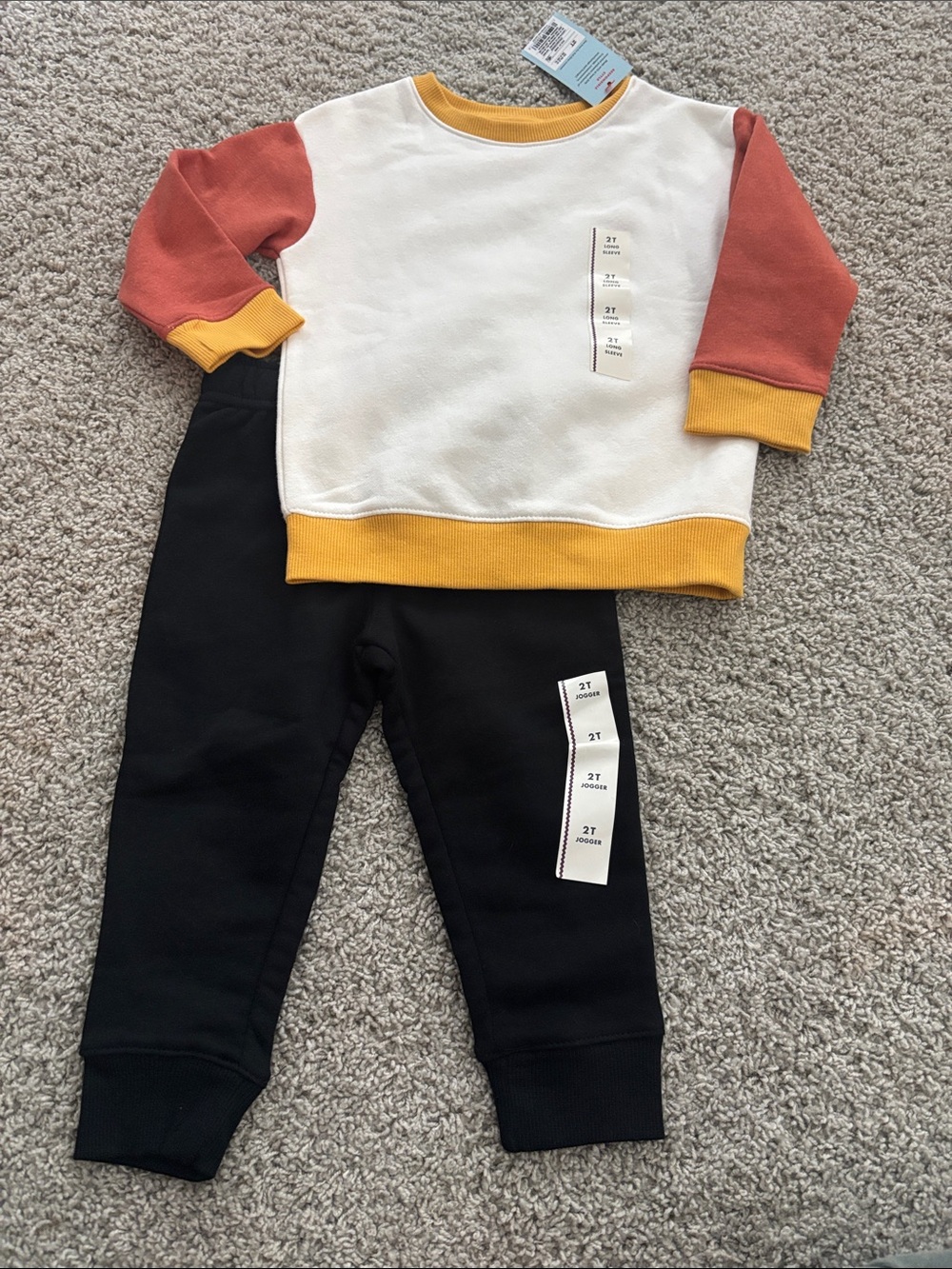 Cat&Jack White Sweatshirt with Rust Sleeves, Mustard Trim & Black Joggers set